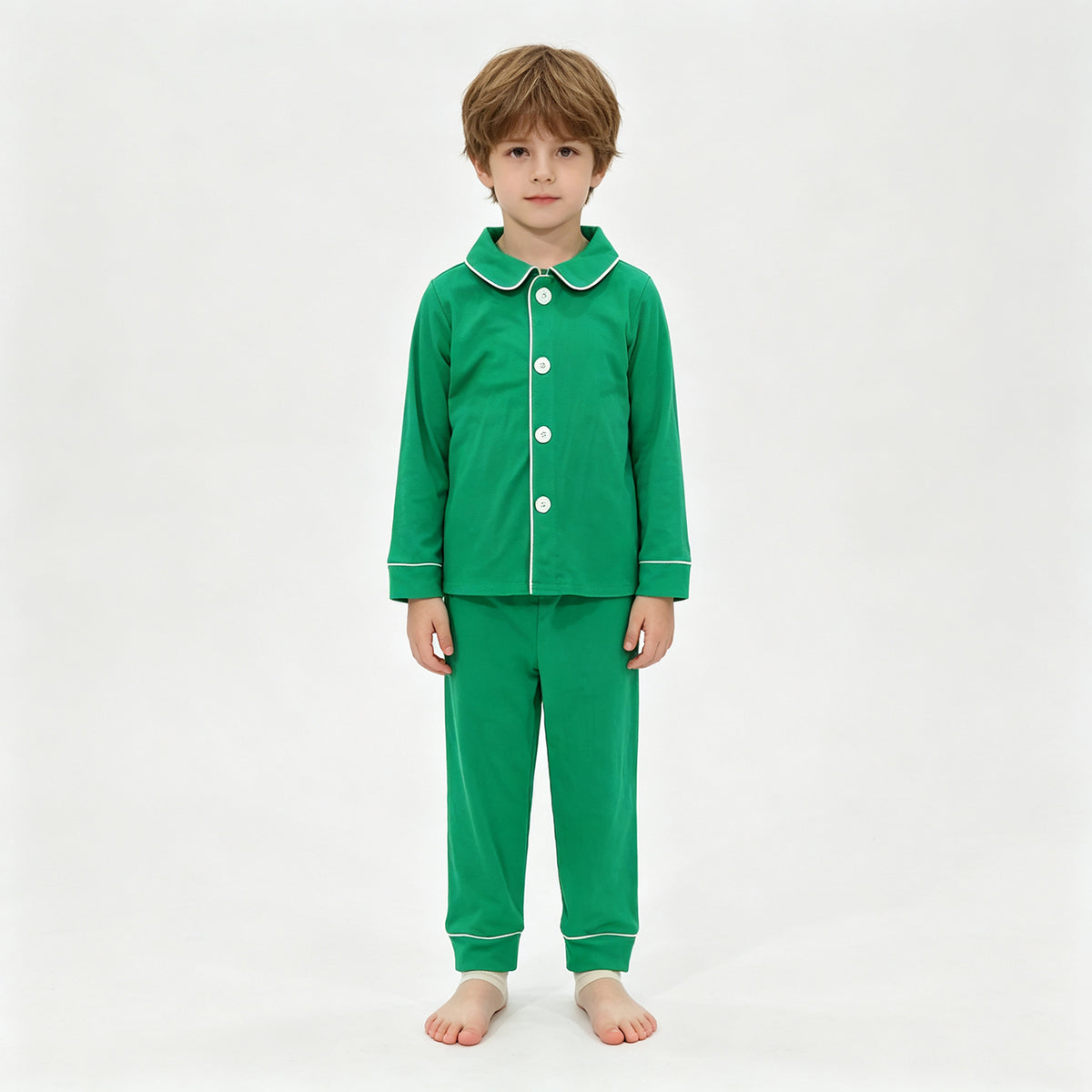 (Sample) No moq cotton BLP1594 Baby Boys Dark Green Button Front Long Sleeve Top Pant Christmas Family Matching Pajamas Sets