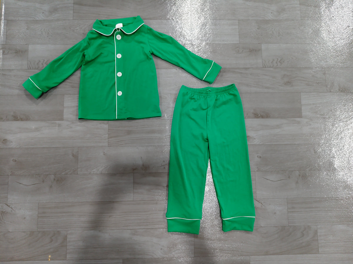 (Sample) No moq cotton BLP1594 Baby Boys Dark Green Button Front Long Sleeve Top Pant Christmas Family Matching Pajamas Sets