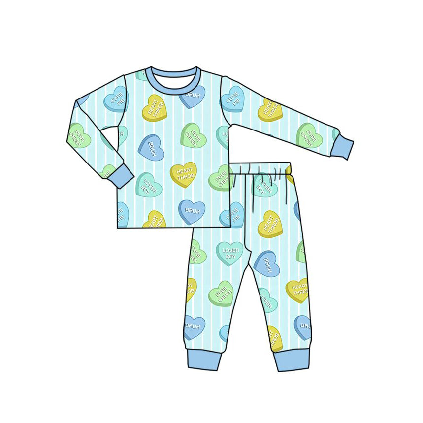 (Preorder new) No moq Baby Girls Valentines Day Candy Heart Stripe Print Long Sleeve Pajama Set Romper Blankets