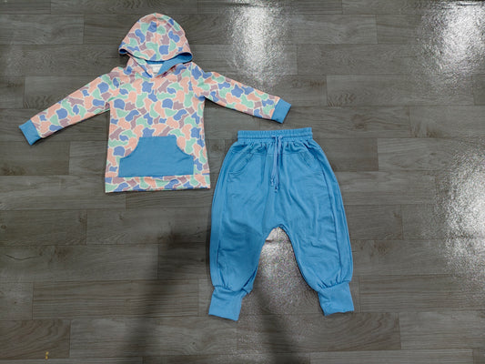 (Sample) No moq milk silk BLP1599 Baby Kids Pink Blue Purple Camo Print Hoodie With Solid Blue Kangaroo Pocket And Solid Blue Jogger Pants Kids Outfit Set