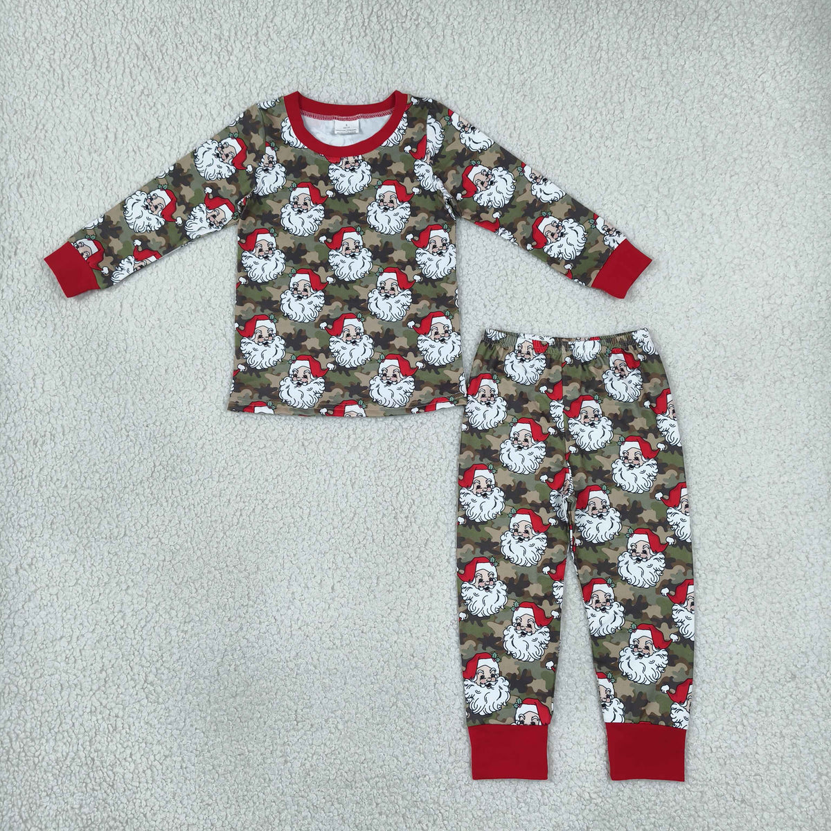 NEW RTS NO MOQ milk silk BLP1600 Baby Boys Green Camo Santa Print Long Sleeve Top Pant Christmas Pajamas Sets