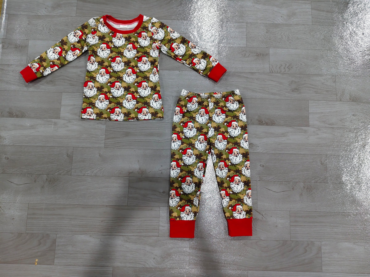 (Sample) No moq milk silk BLP1600 Baby Boys Green Camo Santa Print Long Sleeve Top Elastic Waist Pant Christmas Pajamas Sets