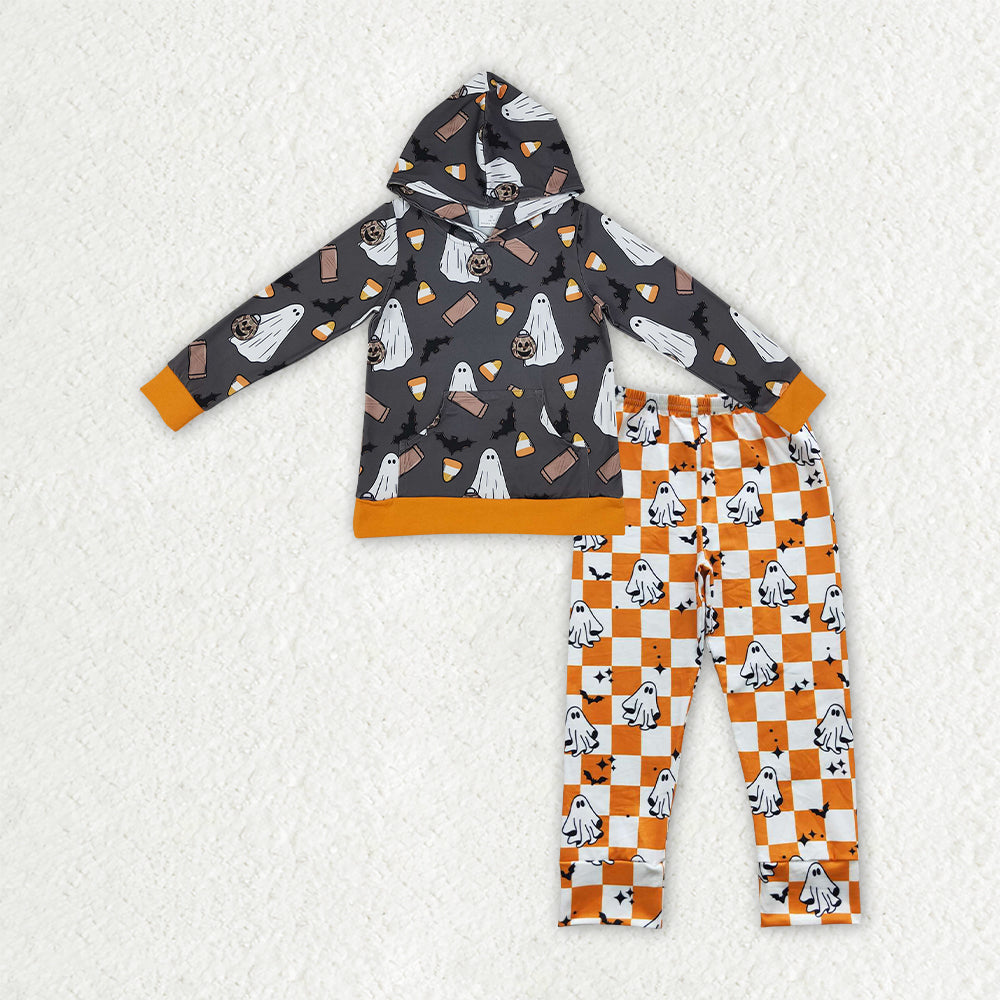 NEW RTS NO MOQ milk silk BLP1607（BT1898+P0167）Baby Boys Halloween Ghost Bat Candy Corn Print Hoodie And Orange White Checkered Ghost Print Long Pants Holiday Clothes Set