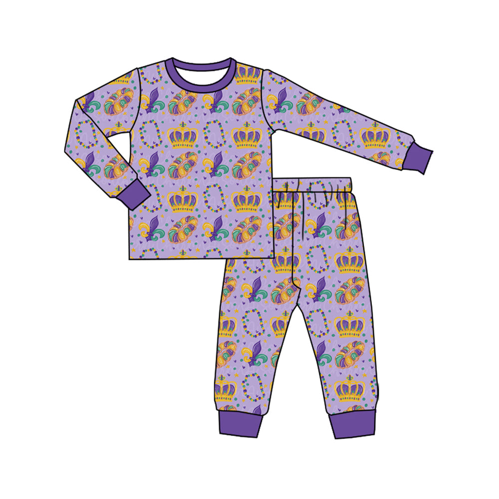(Preorder new) No moq Baby Boys Purple Long Sleeve Print Pajama Set Baby Zipper Romper