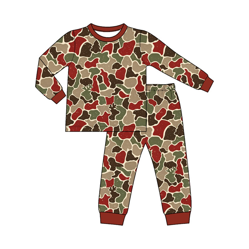 (Preorder new) No moq Baby Boys Deer Camo Print Outfit Set Brown Red Green Camouflage Long Sleeve Pajama Set Hoodie Sweatshirt Baby Zipper Romper