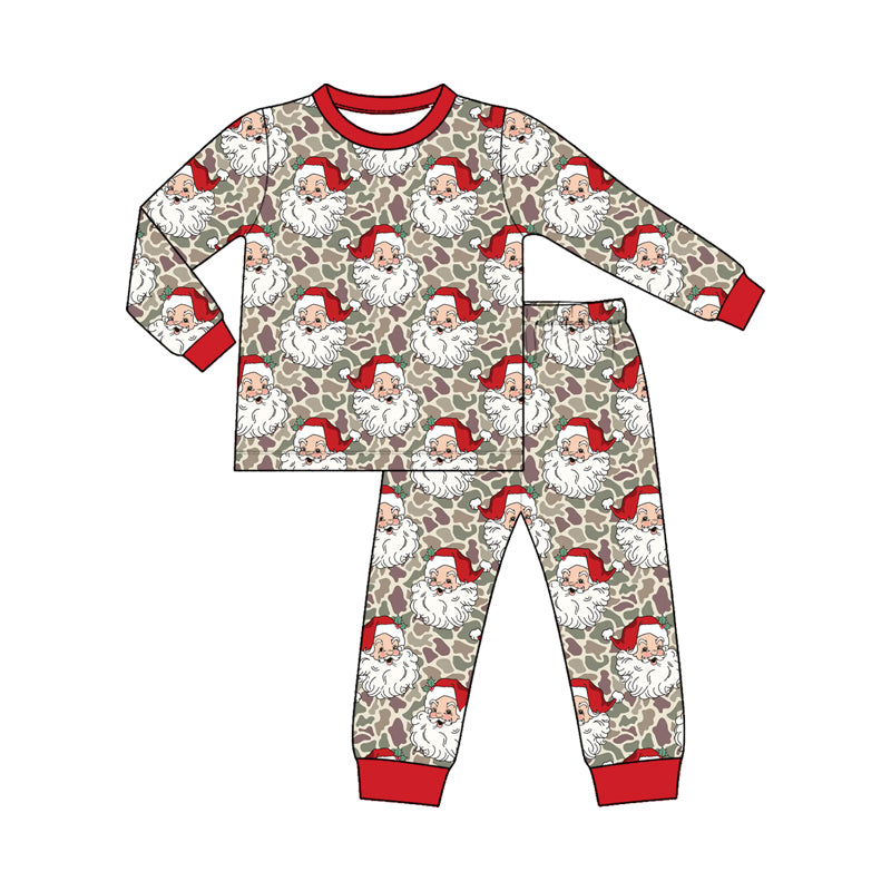 (Preorder new) No moq Baby Boys Santa Print Outfit Set Long Sleeve Pajama Set Hoodie Baby Zipper Romper Red Trim Christmas Holiday Clothes