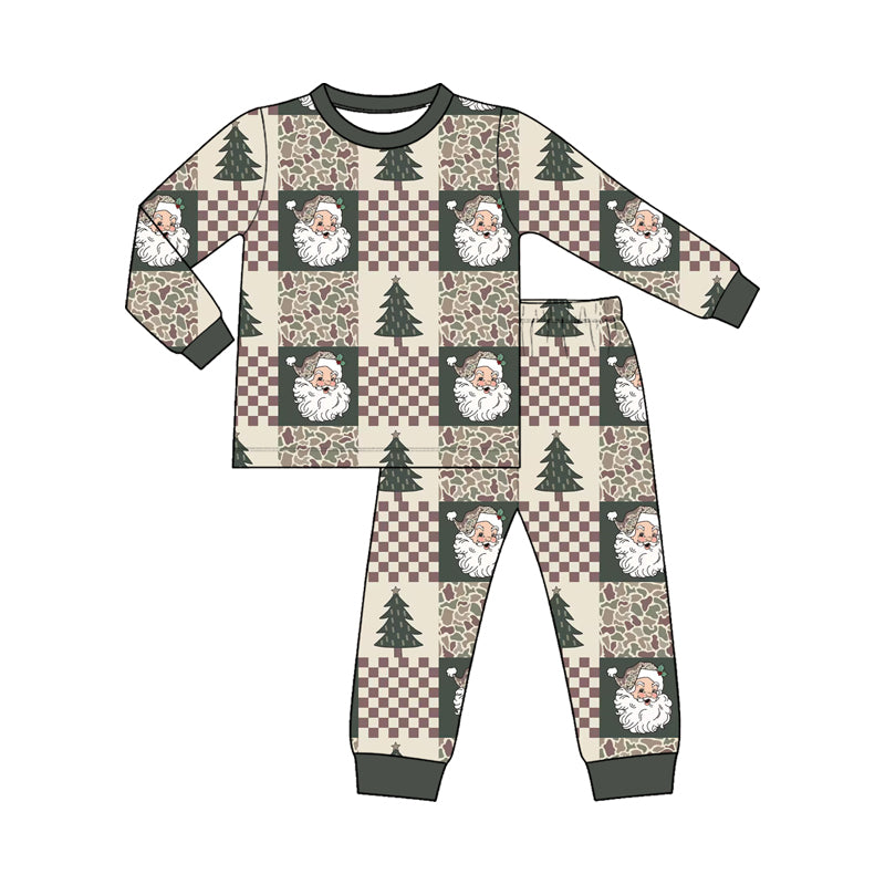 (Preorder new) No moq Baby Boys Santa Claus Christmas Tree Checkerboard Print Outfit Set Long Sleeve Pajama Set Hoodie Baby Zipper Romper Dark Green Trim Holiday Clothes