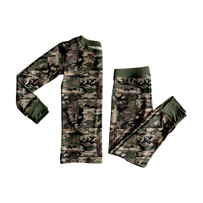 (Preorder new) No moq Baby Boys Camo Print Long Sleeve Pajama Set Zipper Convertible Romper