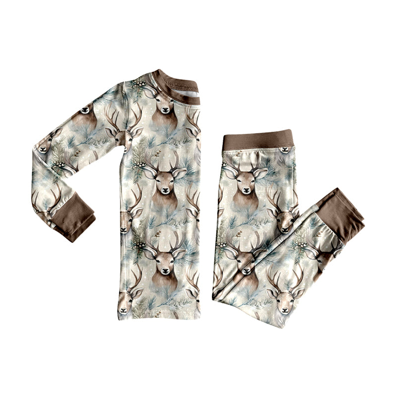 (Preorder new) No moq Baby Boys Deer Pine Print Long Sleeve Pajama Set Zipper Convertible Romper