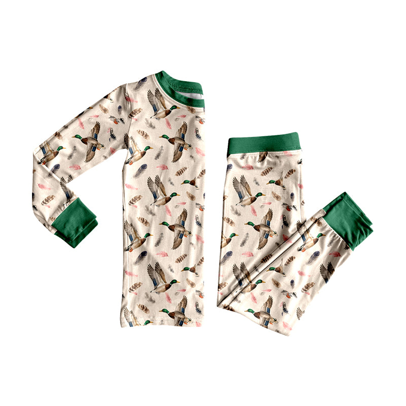 (Preorder new) No moq Baby Boys Duck Feather Print Long Sleeve Pajama Set Zipper Convertible Romper