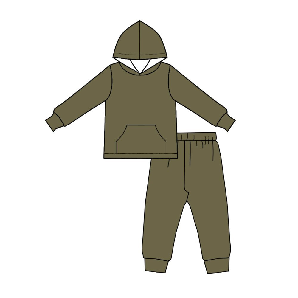 (Preorder new) No moq BLP1623 Baby Boys Olive Green Long Sleeve Pocket Hoodie Jogger Pants Casual Clothes Set