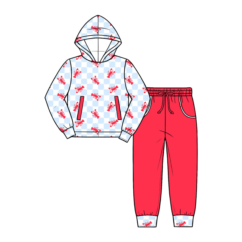 (Preorder new) No moq Baby Boys Light Blue Checkered Red Crawfish Print Kids Hoodie Pajama Set Baby Zipper Romper
