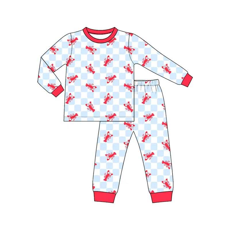 (Preorder new) No moq Baby Boys Light Blue Checkered Red Crawfish Print Kids Hoodie Pajama Set Baby Zipper Romper