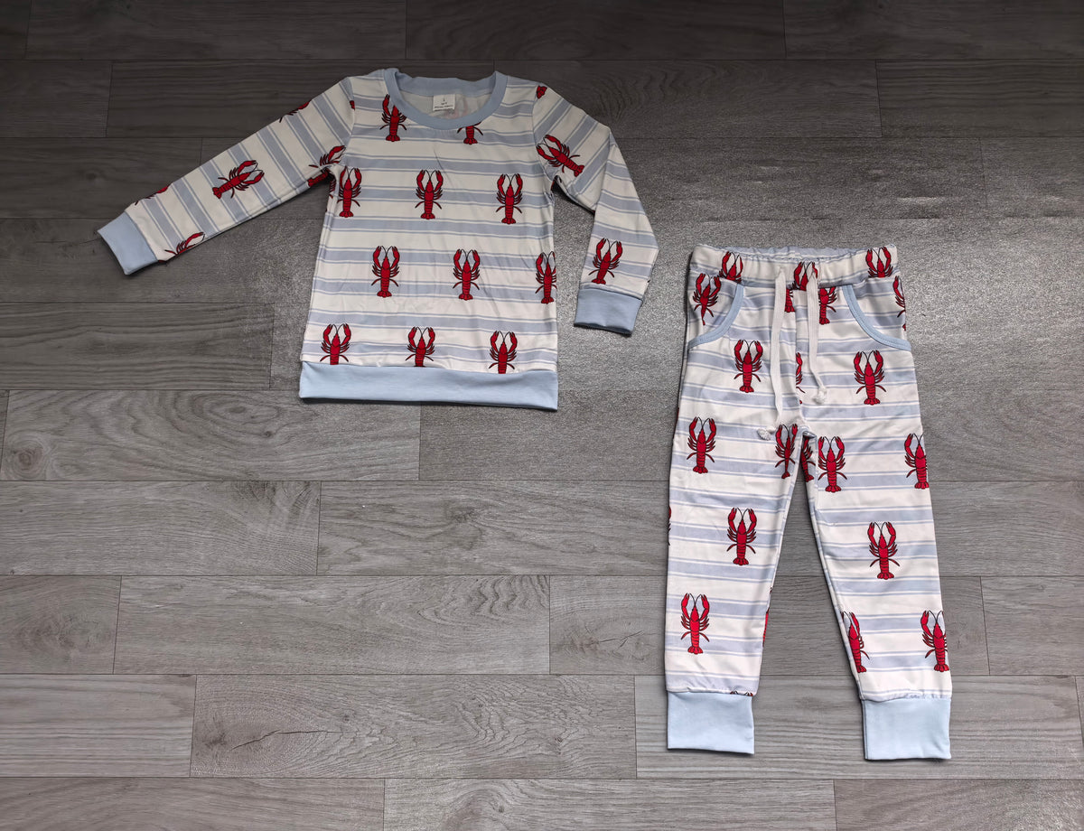 (Sample) No moq milk silk BLP1626 Baby Boys Blue Stripe Crayfishes Print Top Pockets Joggers Clothes Set