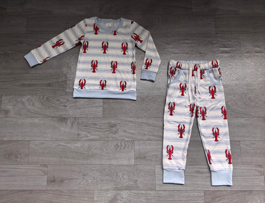 (Sample) No moq milk silk BLP1626 Baby Boys Blue Stripe Crayfishes Print Top Pockets Joggers Clothes Set