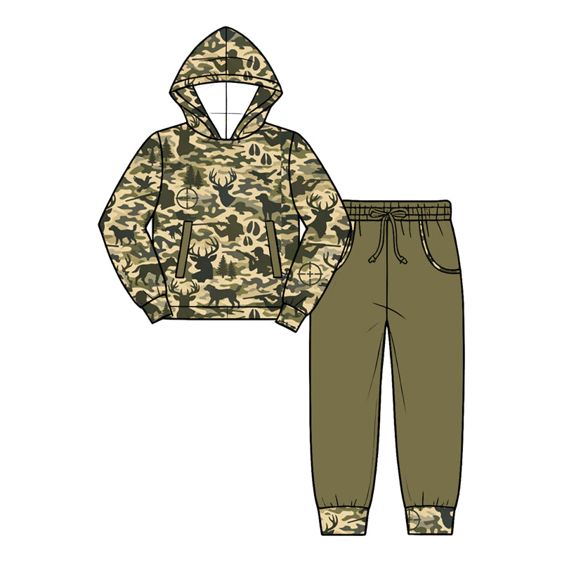 (Preorder new) No moq Baby Boys Camo Deer Hunting Print Long Sleeve Top and Jogger Pants Set Romper