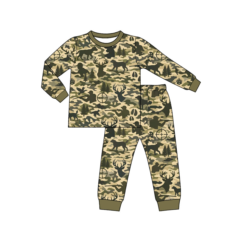 (Preorder new) No moq Baby Boys Camo Deer Hunting Print Long Sleeve Top and Jogger Pants Set Romper