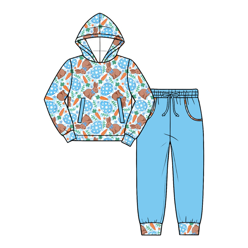 (Preorder new) No moq Baby Easter Bunny Carrot Print Outfit Sets Toddler Long Sleeve Pajama Set Hoodie And Zipper Romper