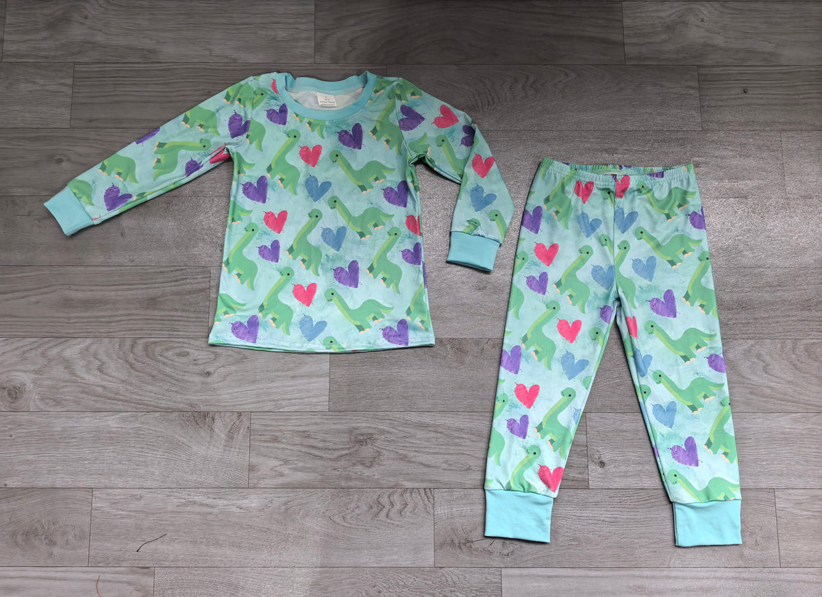 (Sample) No moq milk silk BLP1638 Baby Boys Valentines Cute Dinosaurs With Colorful Hearts Top Pant Nightwear Pajamas Sets