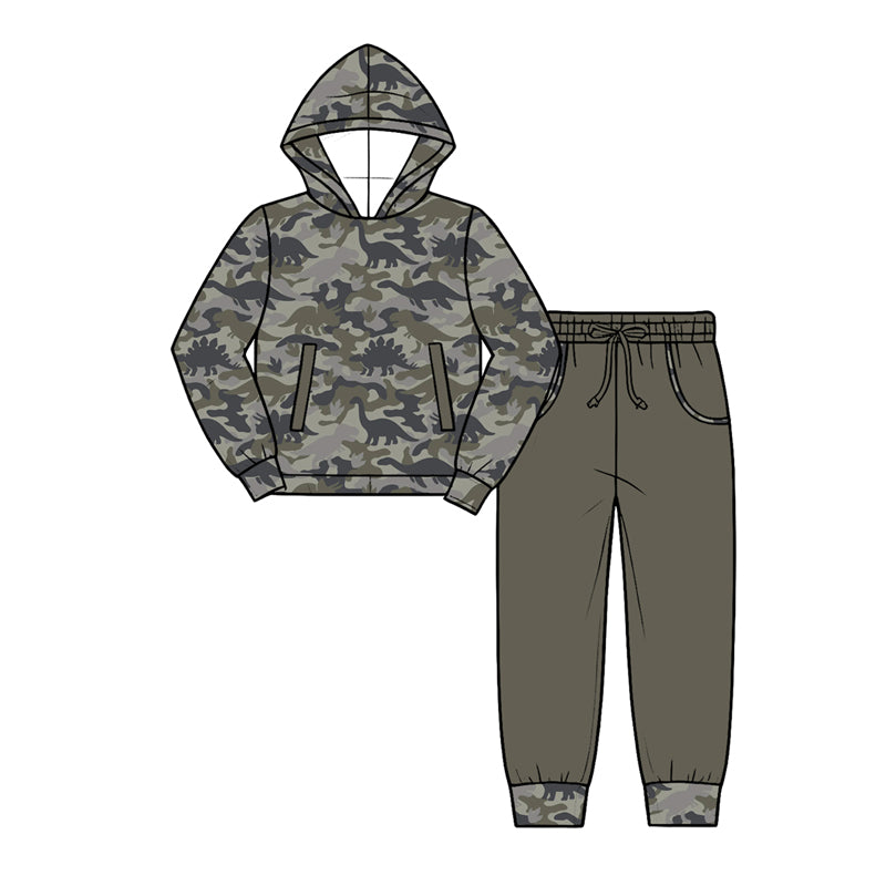 (Preorder new) No moq Baby Kids Camo Dinosaur Print Clothing Set Toddler Long Sleeve Top Hoodie And Zipper Romper Outfit