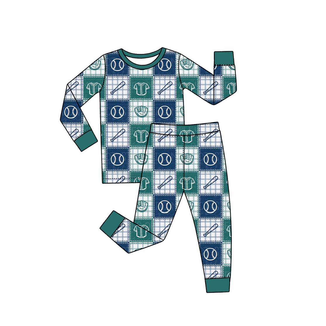 (Preorder new) No moq Baby Boys Green Navy Plaid Baseball Patchwork Zipper Romper And Long Sleeve Pajama Set