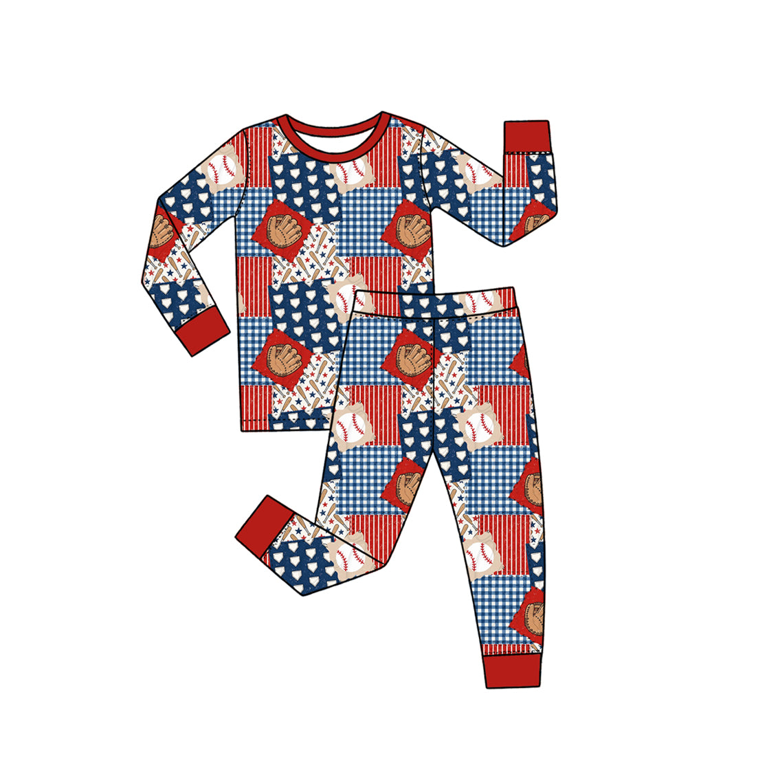 (Preorder new) No moq Baby Boys Red Navy Patchwork Baseball Print Zipper Romper And Long Sleeve Pajama Set