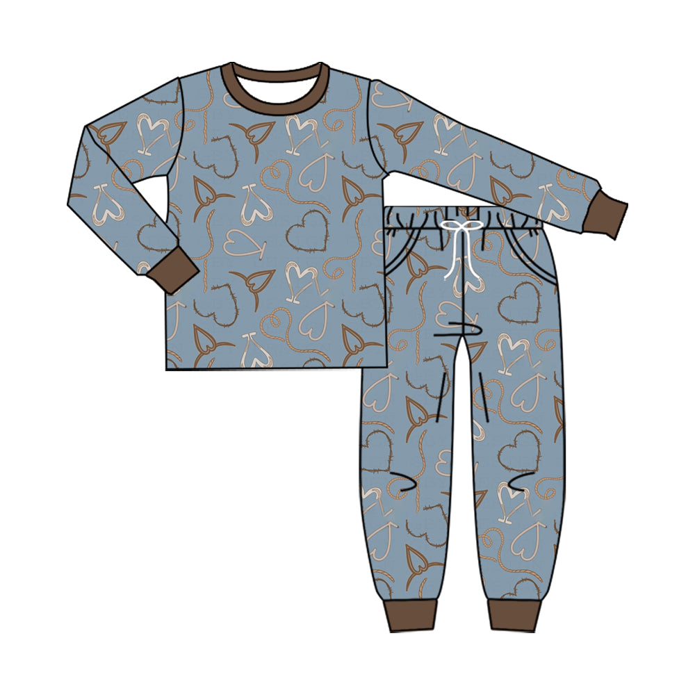 (Preorder new) No moq Baby Boys Blue Heart Print Half Zip Top Long Sleeve Tee Pant Set Rompers