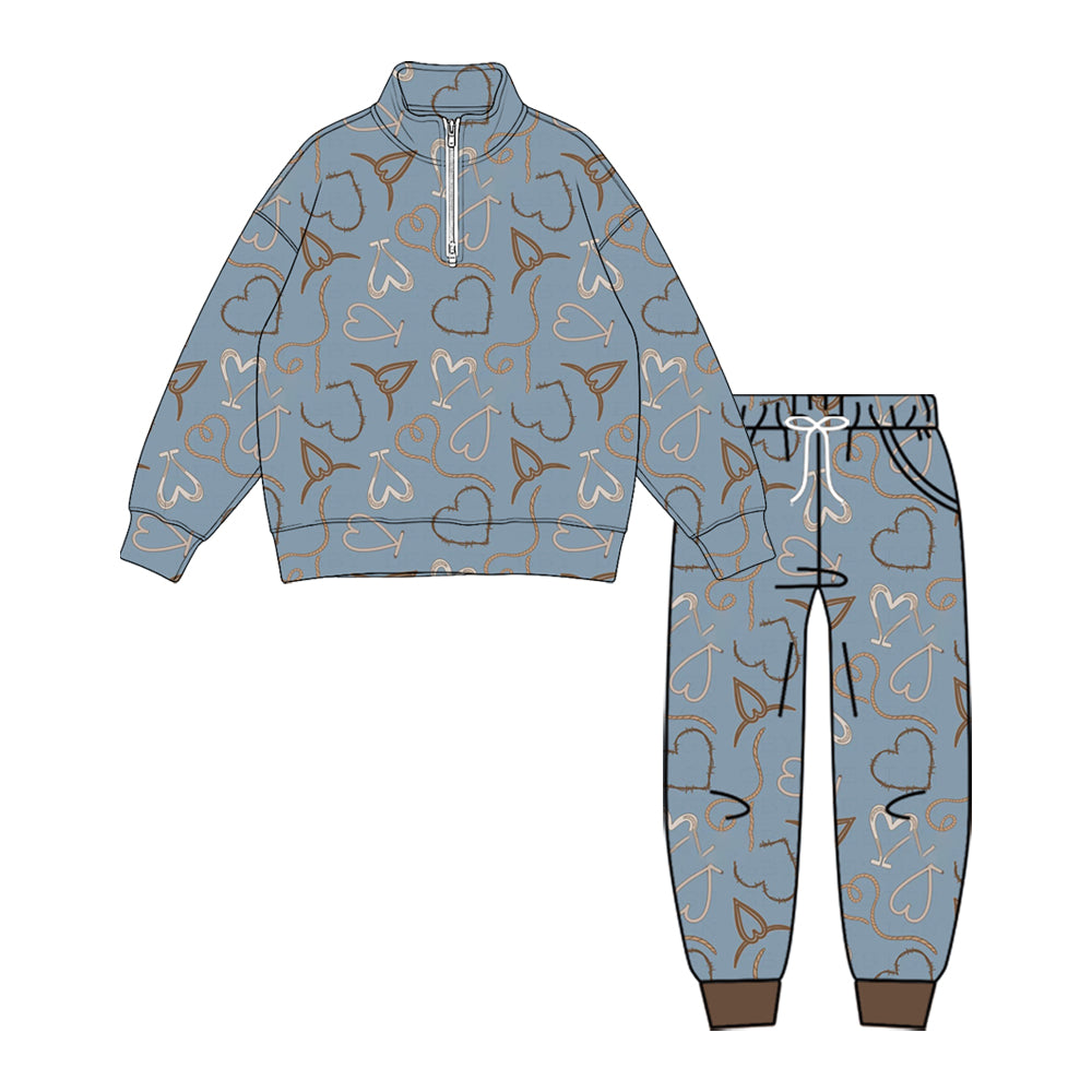 (Preorder new) No moq Baby Boys Blue Heart Print Half Zip Top Long Sleeve Tee Pant Set Rompers