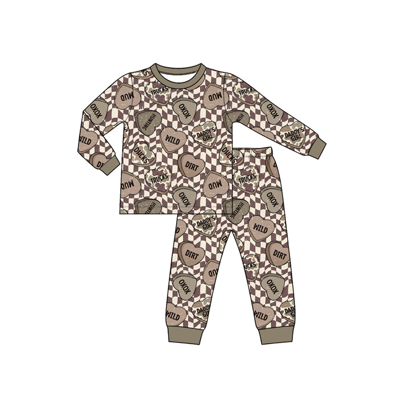 (Preorder new) No moq Baby Boys Brown Checker Heart Print Outfit Long Sleeve Tee Pant Hoodie Jogger And Zipper Romper