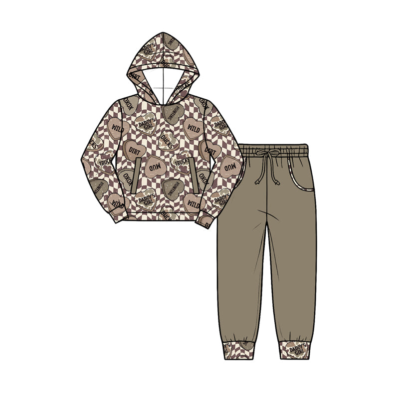 (Preorder new) No moq Baby Boys Brown Checker Heart Print Outfit Long Sleeve Tee Pant Hoodie Jogger And Zipper Romper