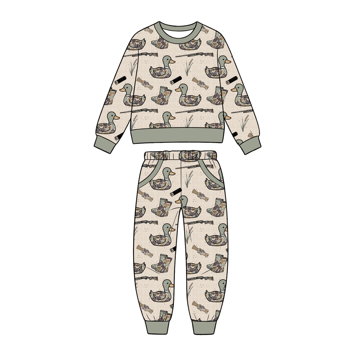 (Preorder new) No moq Baby Girls And Boys Duck Hunting Print Long Sleeve Top And Jogger Pant Clothing Set
