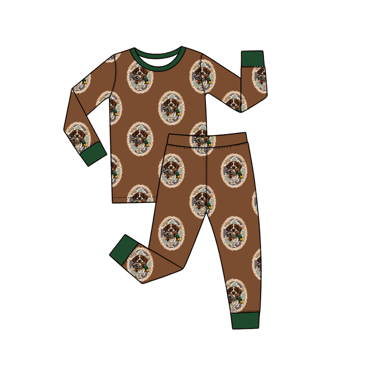 (Preorder new) No moq Baby Boys And Girls Brown Dog Duck Came Print Green Ruffle Cuff Long Sleeve Pajama Set