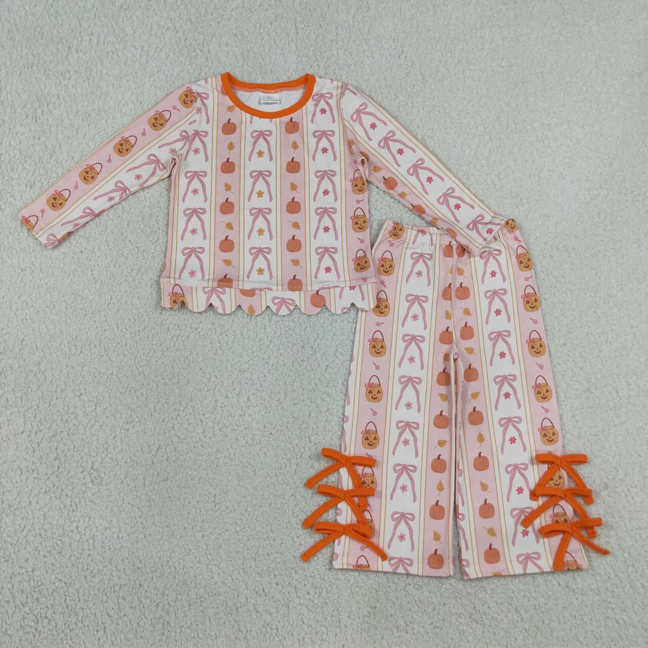 NEW RTS NO MOQ milk silk GLP3436 Baby Girls Bows Pumpkins Stripe Scallop Top Bows Pants Fall Holiday Clothes Set