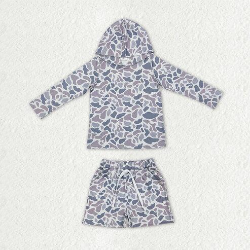 RTS NO MOQ Sibling Baby Boys Light Grey Camouflage Long Sleeve Hooded Tops Pants And Zip Rompers Clothing Set