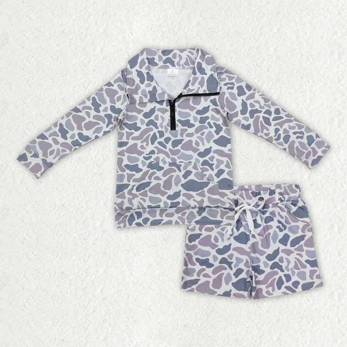RTS NO MOQ（In Stock)  Baby Boys Long Sleeve Camo Zipper Pullover Pockets Shorts Southern Clothes Set