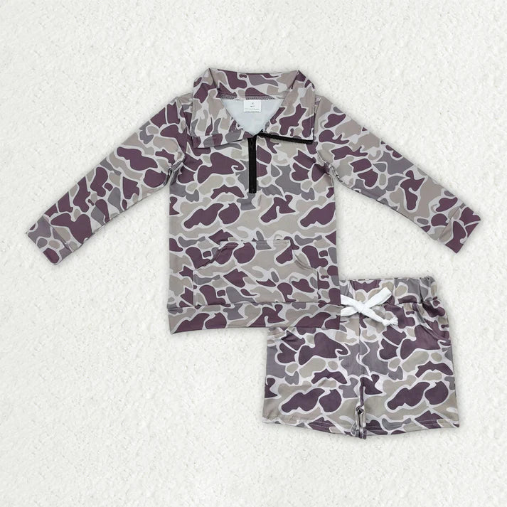 RTS NO MOQ（In Stock)  Baby Boys Long Sleeve Camo Zipper Pullover Pockets Shorts Southern Clothes Set
