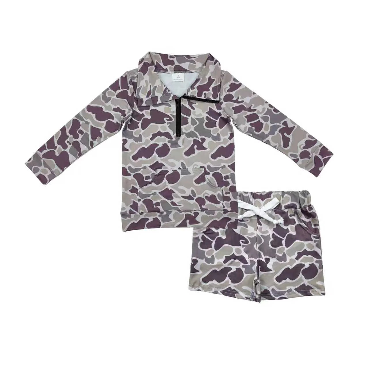 RTS NO MOQ Baby Boys Grey Lavender Camo Zipper Pocket Pullover Shorts Set Southern Style Clothing Outfit for Babies
