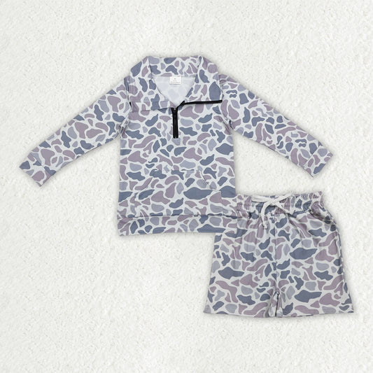 RTS NO MOQ（In Stock) Baby boy clothes camouflage gray long-sleeved shirt summer shorts sets-BLS0026
