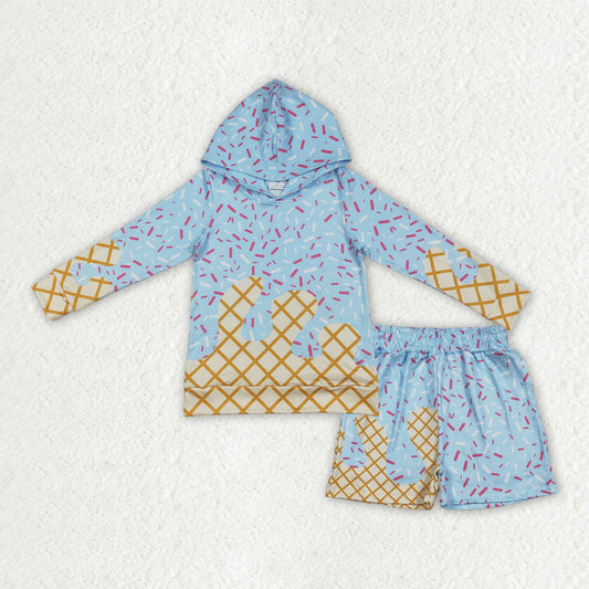RTS NO MOQ Sibling baby girl clothes ice cream hooded long-Sleeve shorts sets and Tops and shorts