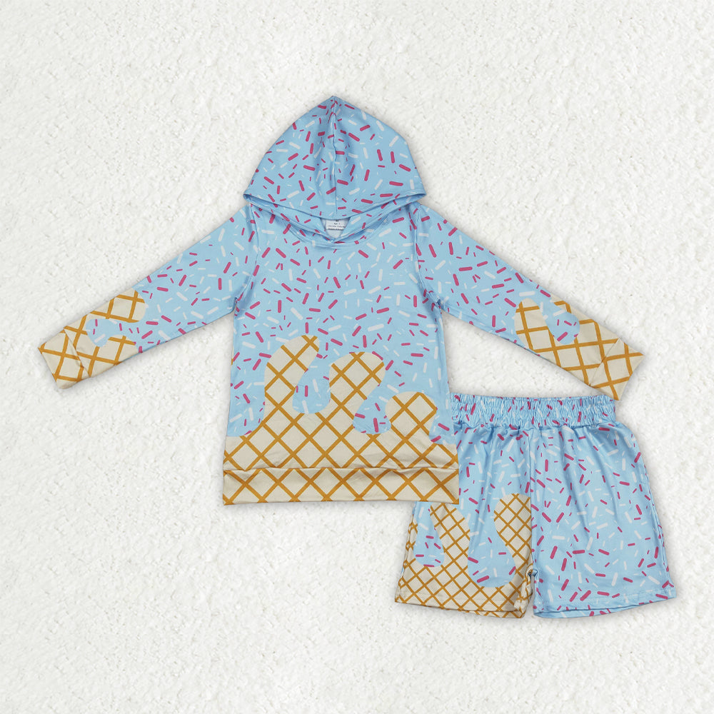 RTS NO MOQ（In Stock) BT1270+SS0635 baby girl clothes ice cream hooded long-Sleeve shorts sets-BLS0030