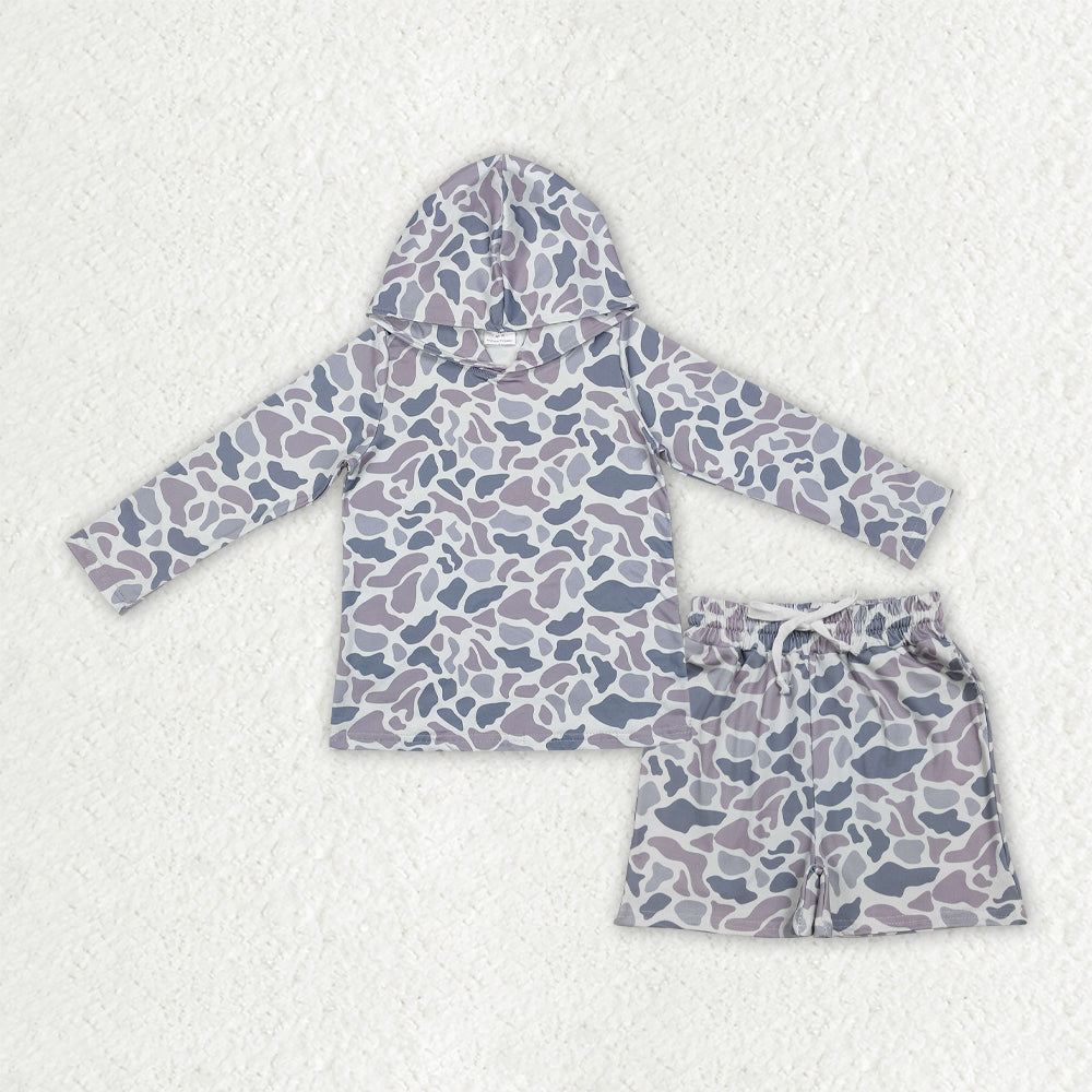 RTS NO MOQ BLS0032 Baby Boys Light Grey Camouflage Hoodie Top with Pockets And Shorts Southern Style Clothing Set