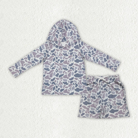 RTS NO MOQ BLS0032 Baby Boys Light Grey Camouflage Hoodie Top with Pockets And Shorts Southern Style Clothing Set