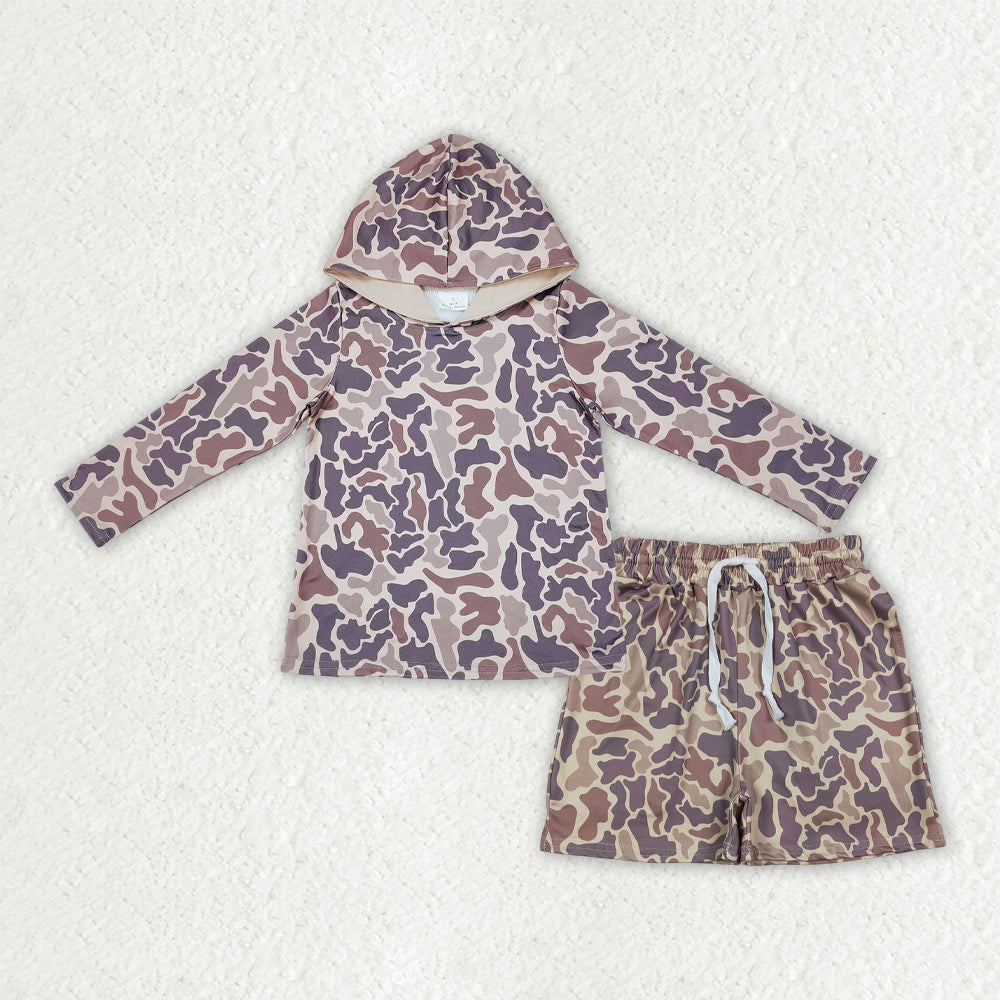 RTS NO MOQ BLS0033  Baby Boys Khaki Camo Hoodie Top with Pockets Shorts  Children's Clothing Set
