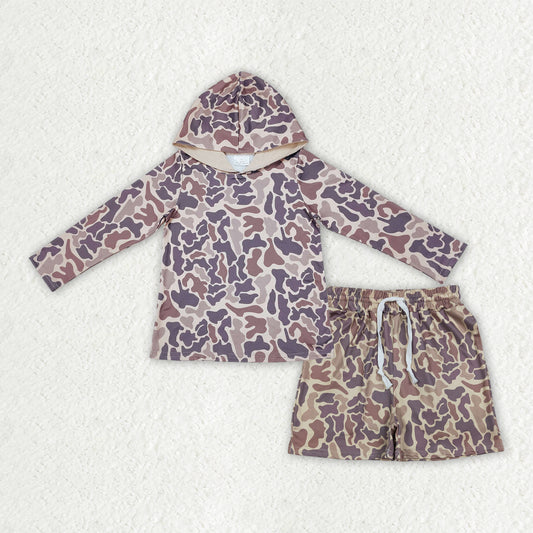 RTS NO MOQ BLS0033  Baby Boys Khaki Camo Hoodie Top with Pockets Shorts  Children's Clothing Set