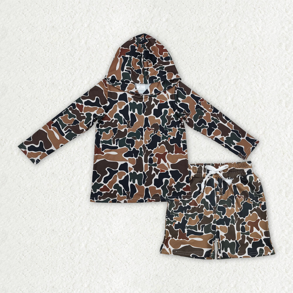 RTS NO MOQ BLS0035 Baby Boys Southern Dark Brown Camouflage Hoodie Top with Pockets Shorts Outfit Set