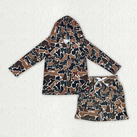 RTS NO MOQ BLS0035 Baby Boys Southern Dark Brown Camouflage Hoodie Top with Pockets Shorts Outfit Set