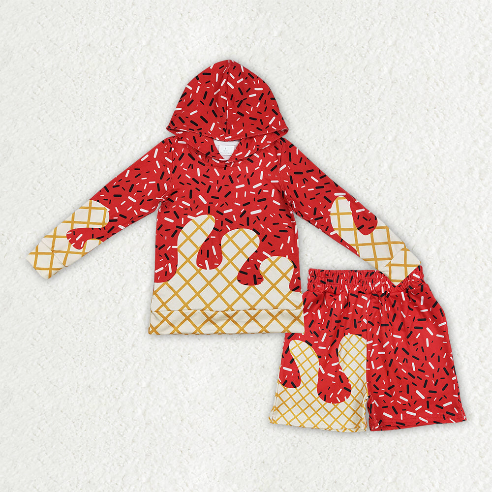 RTS NO MOQ BLS0036 (BT1272+SS0776) Baby Boys Red Sprinkles Drip Hoodie And Shorts Set Teamwear Casual Outfit Baby Clothing Set