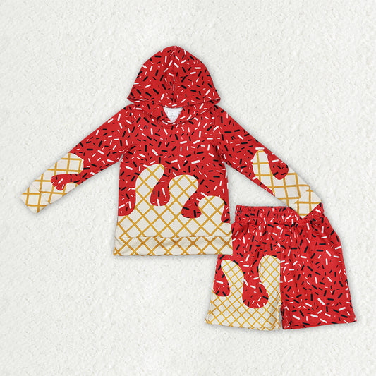 RTS NO MOQ BLS0036 (BT1272+SS0776) Baby Boys Red Sprinkles Drip Hoodie And Shorts Set Teamwear Casual Outfit Baby Clothing Set