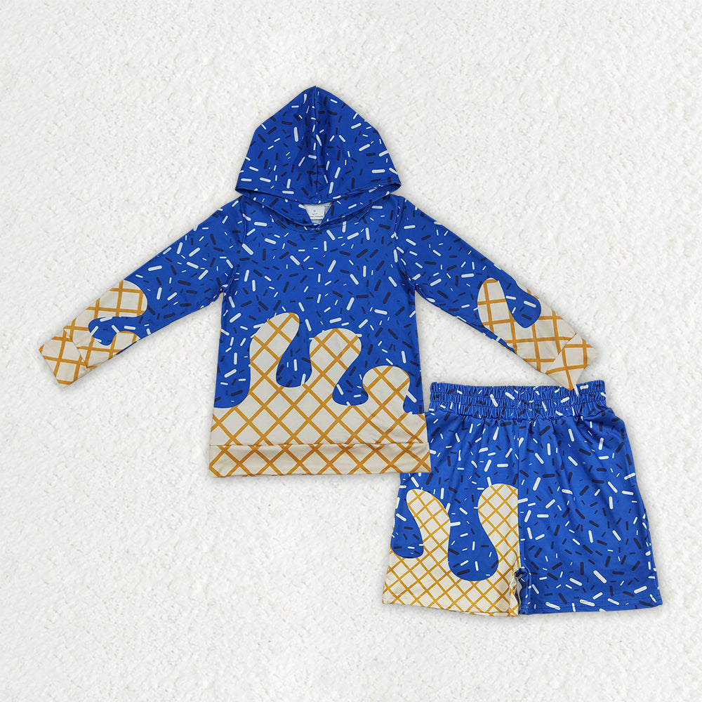 RTS NO MOQ milk silk BLS0038（BT1275+SS0775）Baby Boys Hot Blue Drip Sprinkles Print Hooded Top Shorts Daily Set