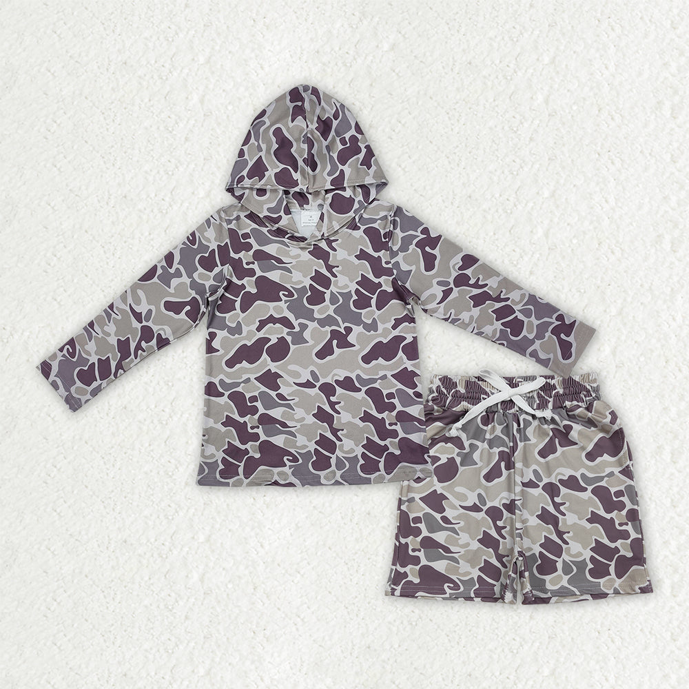 RTS NO MOQ milk silk BLS0039（BT0923+SS0733）Baby Boys Grey Camo Print Hooded Top Shorts Daily Set